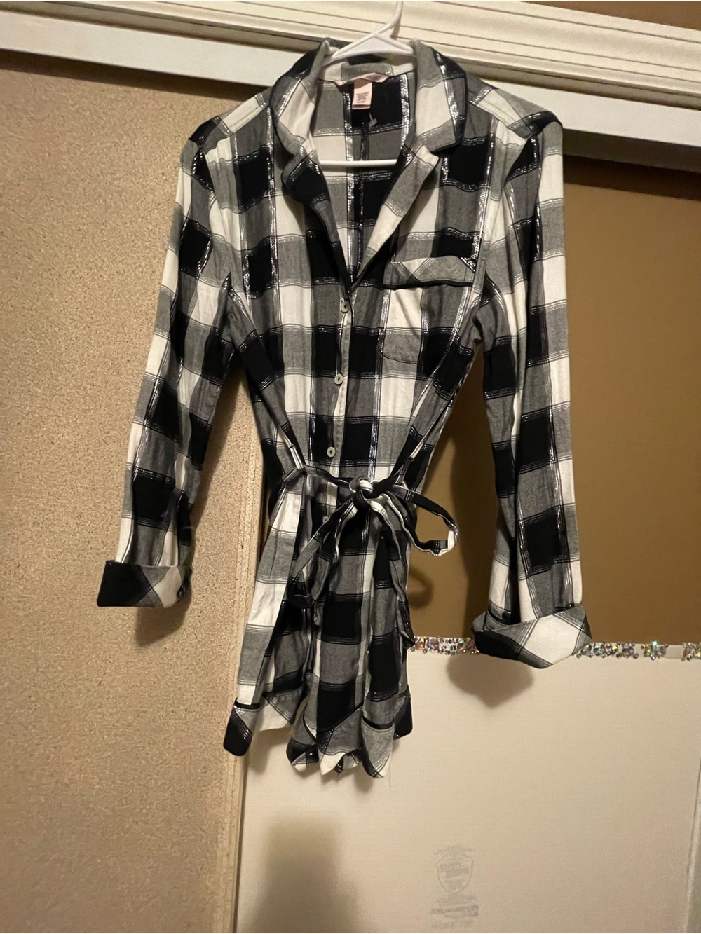 Victoria’s Secret Black/White Plaid Button-Up flannel shorts with tie wrap